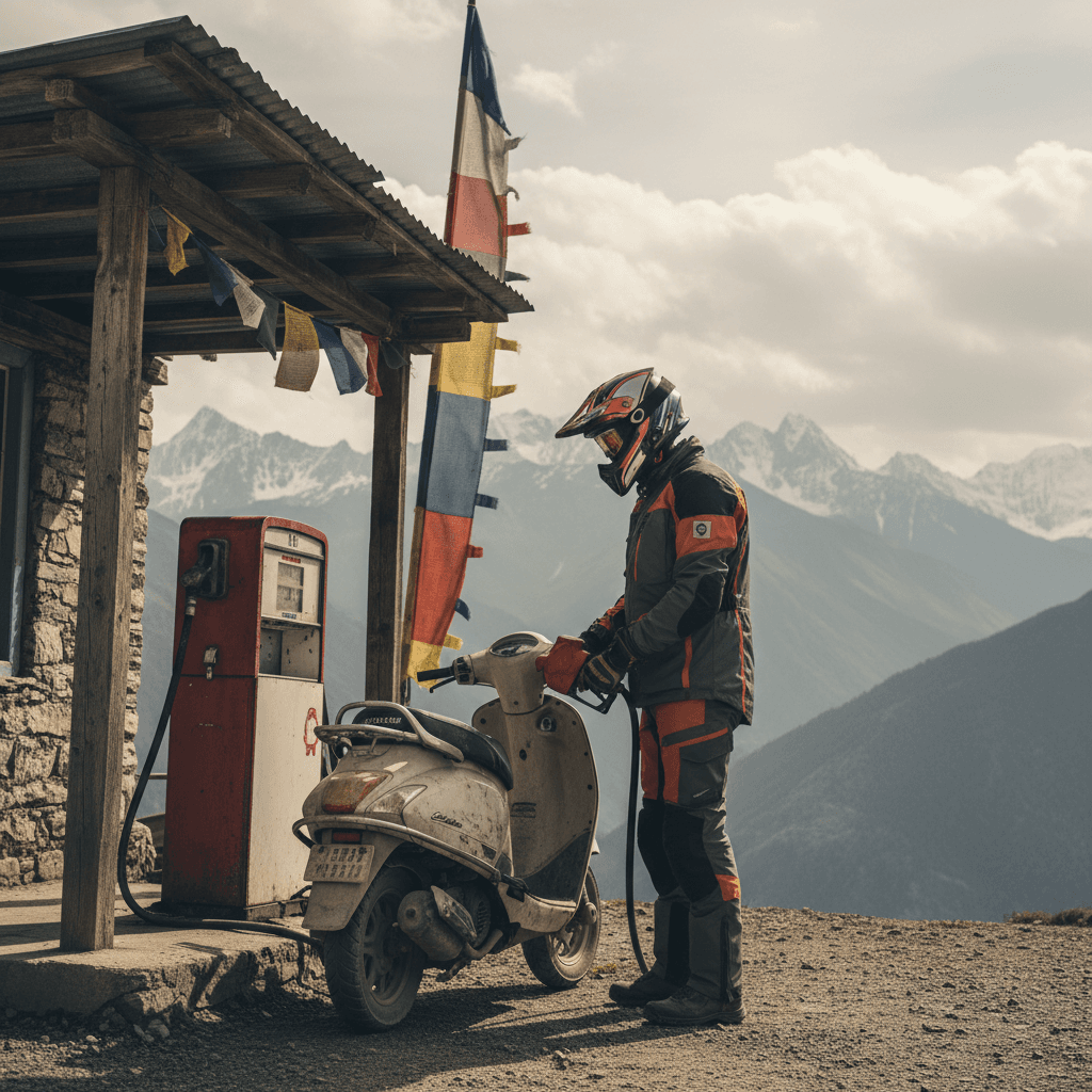 स्पीति में ईंधन भरवाते हुए यात्री