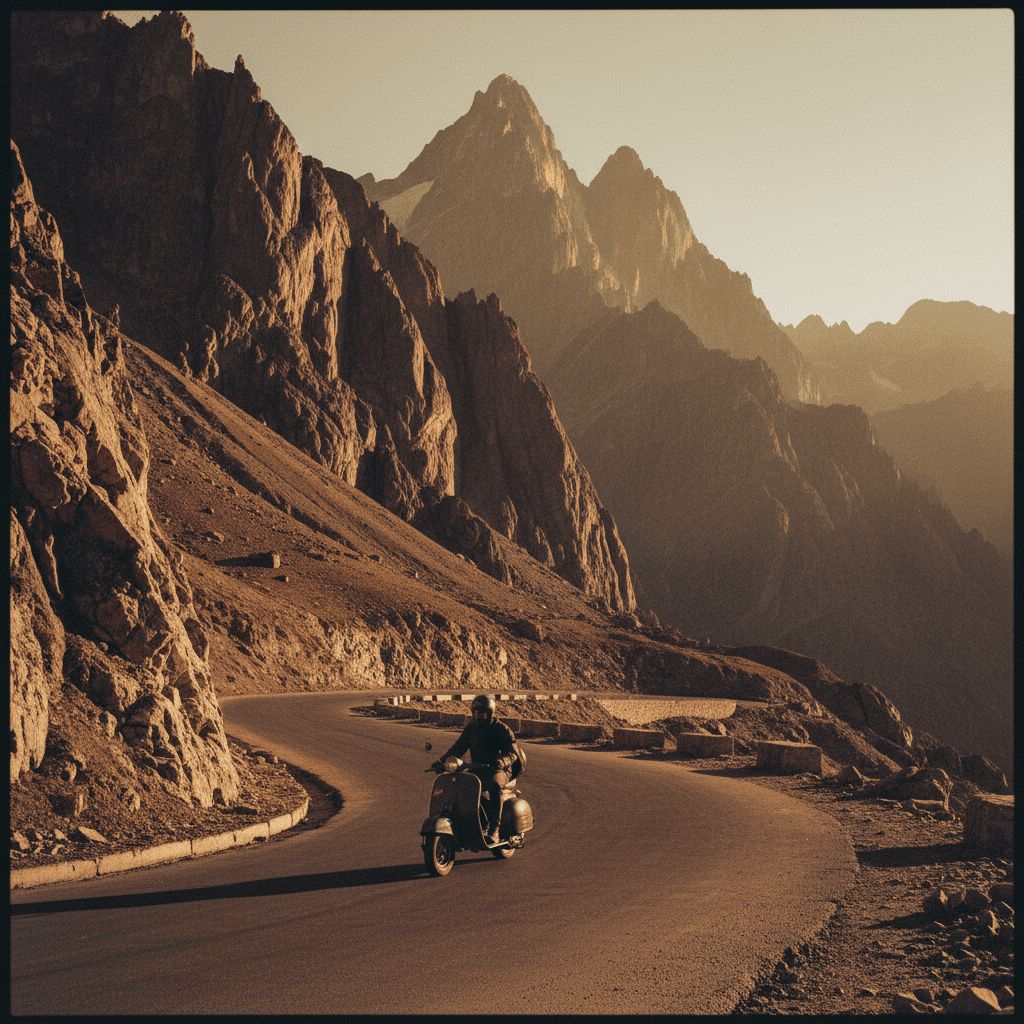 हिमालय की पहाड़ी सड़क पर स्कूटी राइडर