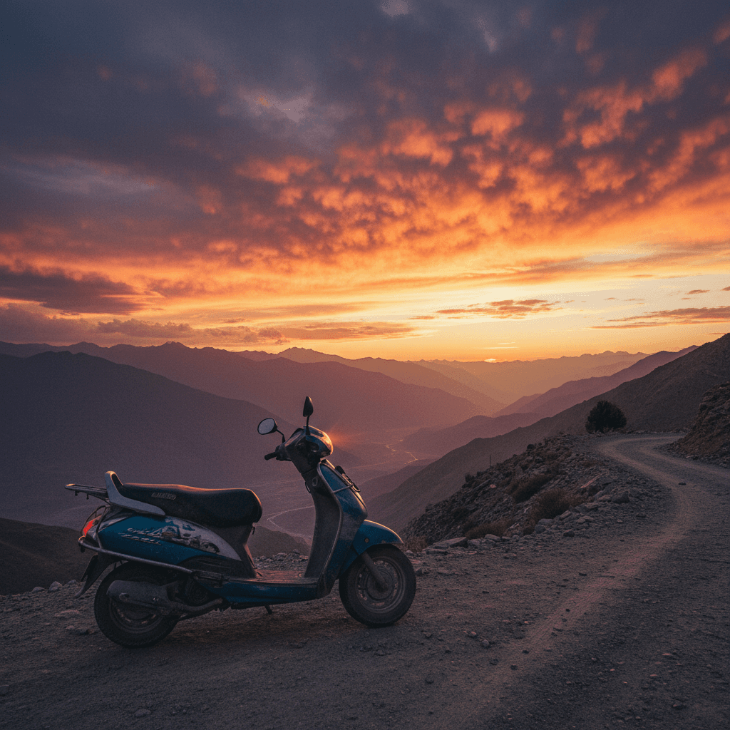 लेह की पहाड़ियों में सूर्यास्त के समय पार्क की गई स्कूटी